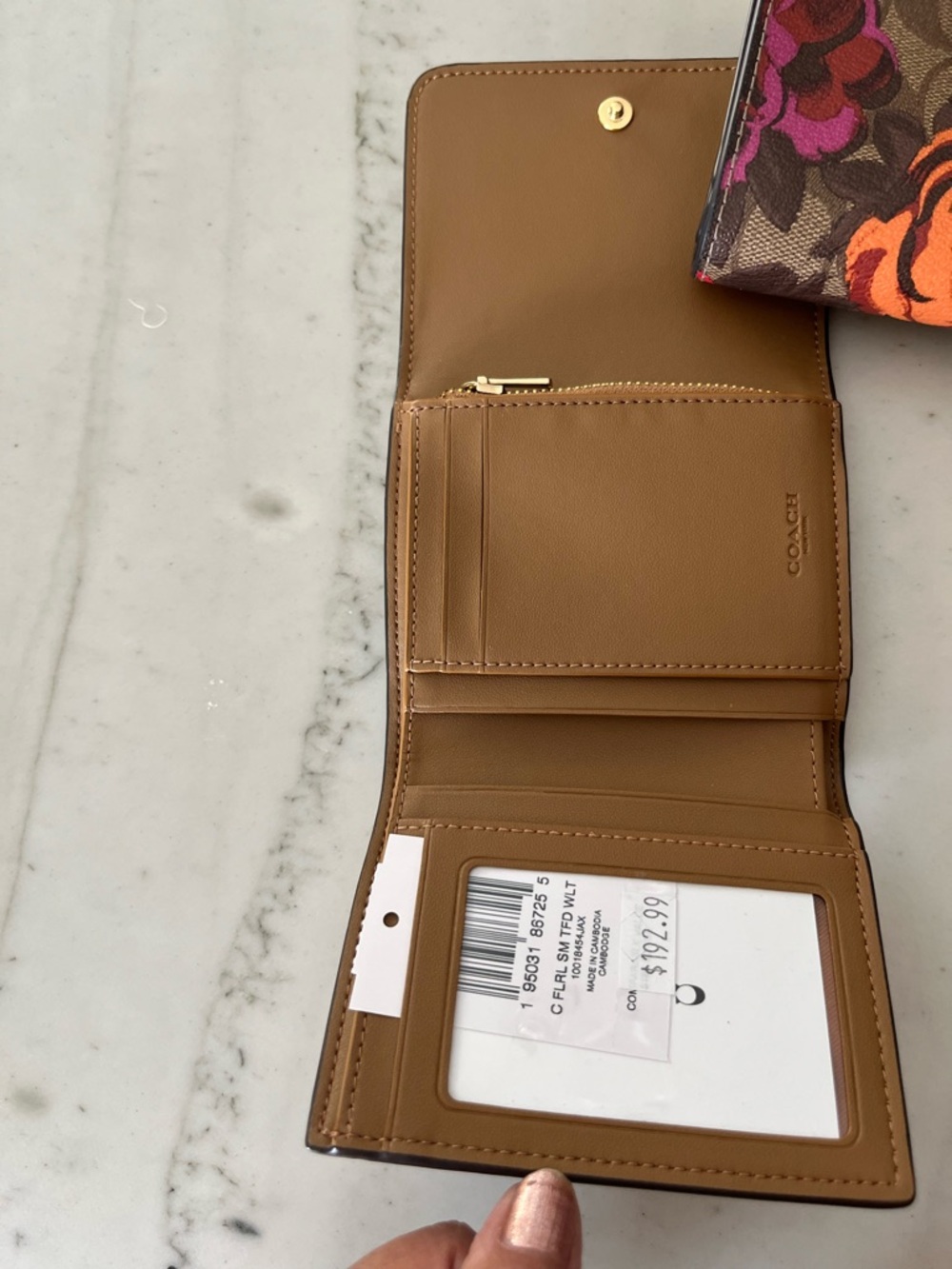 COACH Cream Floral Compact Trifold Wallet with Gold Logo - Picture 7 of 10